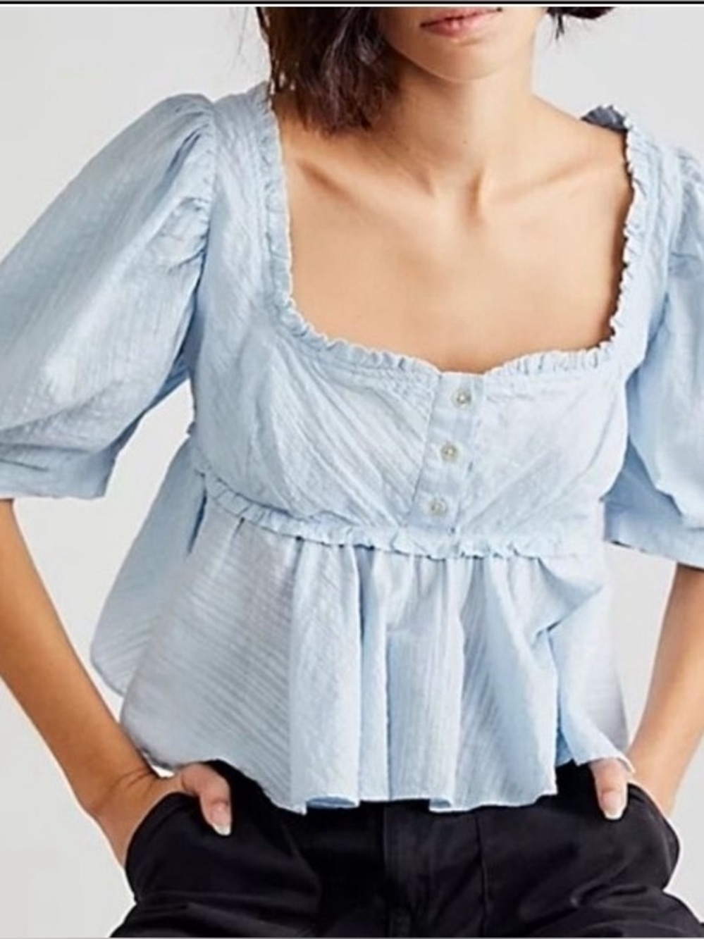 Free People Leave It To Me Square Neck Puff Sleeves Cropped Blouse Size XS